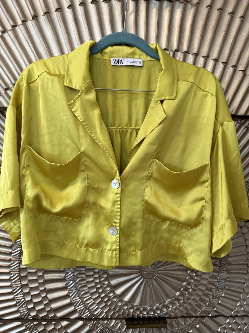 Zara Lime Yellow Satin Cropped Button-Front Blouse